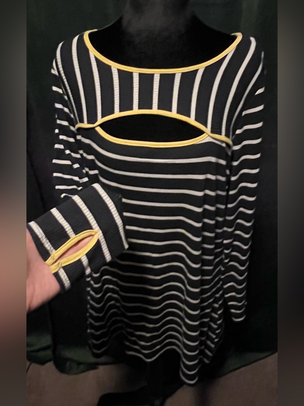 Striped Navy & White Cutout Long Sleeve Tunic with Yellow Trim - Gently Worn